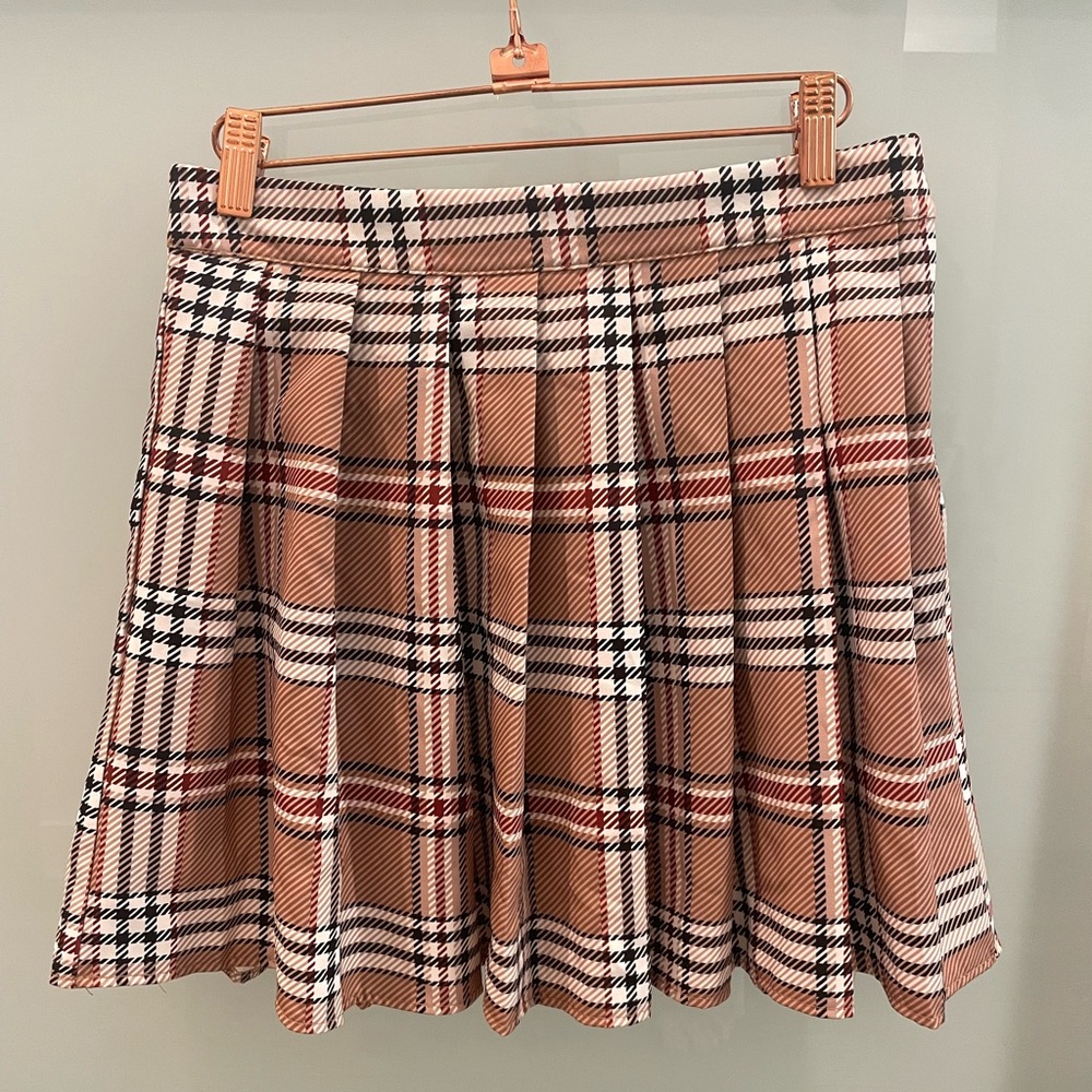 Designer inspired brown plaid pleated skirt